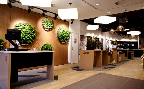 the interior of a store with plants on the walls